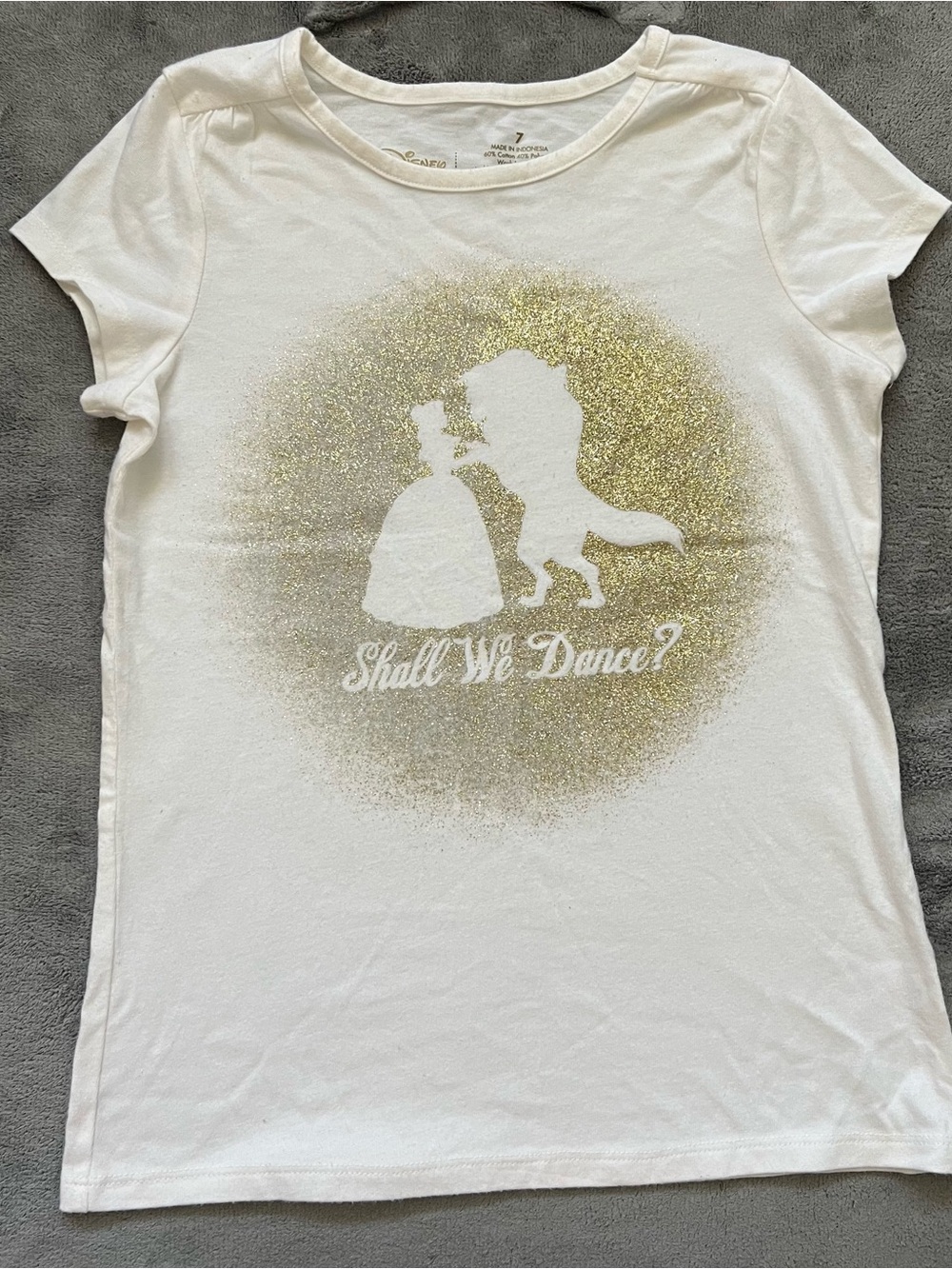 Girls' White Short-Sleeve Tee with Gold Glitter Dance Graphic